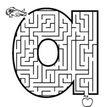 Dibujo de Laberinto con forma de letra A, cocodrilo y manzana para colorear