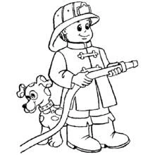 Dibujo de Bombero sosteniendo una manguera con su perro dálmata para colorear Dibujo de Bombero sosteniendo una manguera con su perro dálmata para colorear