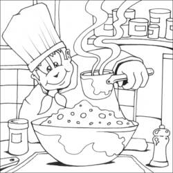 Dibujo de Cocinero vertiendo una olla humeante en un bol para colorear Dibujo de Cocinero vertiendo una olla humeante en un bol para colorear