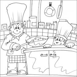 Dibujo de Cocinero sosteniendo una sartén con un joven ayudante para colorear Dibujo de Cocinero sosteniendo una sartén con un joven ayudante para colorear