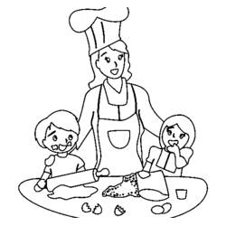 Dibujo de Cocinero preparando masa con dos niños para colorear Dibujo de Cocinero preparando masa con dos niños para colorear