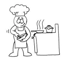 Dibujo de Cocinero batiendo un bol junto a la estufa para colorear Dibujo de Cocinero batiendo un bol junto a la estufa para colorear