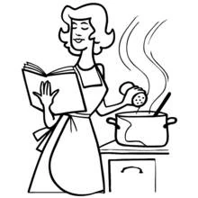 Dibujo de Cocinero leyendo una receta mientras sazona una olla para colorear Dibujo de Cocinero leyendo una receta mientras sazona una olla para colorear