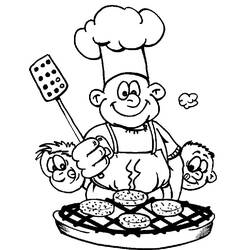 Dibujo de Cocinero asando hamburguesas con dos niños para colorear Dibujo de Cocinero asando hamburguesas con dos niños para colorear