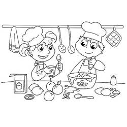 Dibujo de Cocinero y cocinera preparando una receta para colorear Dibujo de Cocinero y cocinera preparando una receta para colorear