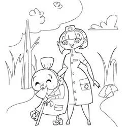 Dibujo de Enfermera caminando con un paciente vendado al aire libre para colorear Dibujo de Enfermera caminando con un paciente vendado al aire libre para colorear