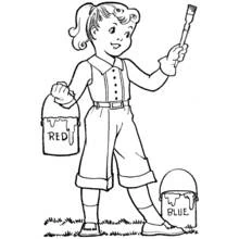 Dibujo de Pintor niña sosteniendo un pincel y un balde de pintura para colorear Dibujo de Pintor niña sosteniendo un pincel y un balde de pintura para colorear