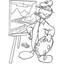 Dibujo de Pintor Donald Duck frente a su caballete para colorear Dibujo de Pintor Donald Duck frente a su caballete para colorear