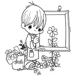 Dibujo de Pintor niño sosteniendo un lienzo con flor para colorear Dibujo de Pintor niño sosteniendo un lienzo con flor para colorear