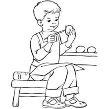 Dibujo de Pintor infantil decorando huevos sentado en un banco para colorear Dibujo de Pintor infantil decorando huevos sentado en un banco para colorear