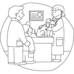 Dibujo de Veterinario examinando a un perro con la familia para colorear