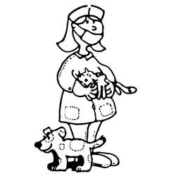 Dibujo de Veterinario sosteniendo un gato con un perro al lado para colorear