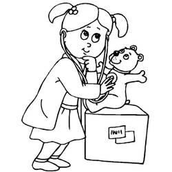 Dibujo de Niña veterinaria examinando un osito de peluche para colorear