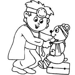 Dibujo de Veterinario niño examinando a un oso vendado para colorear