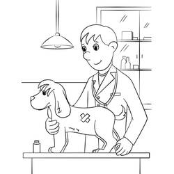 Dibujo de Veterinario examinando a un perro con vendaje para colorear