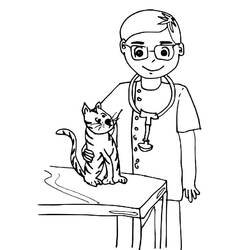 Dibujo de Veterinario con gafas revisa a gato rayado para colorear