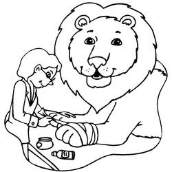 Dibujo de Veterinario vendando la pata de un león para colorear