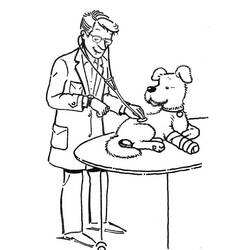 Dibujo de Veterinario examinando a un perro con la pata vendada para colorear