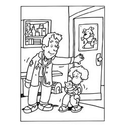 Dibujo de Veterinario recibiendo a un niño con un gato para colorear