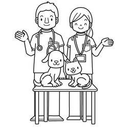 Dibujo de Veterinarios sonrientes con un perro y un gato para colorear