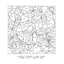 Dibujo de Mariposas y mariquita con restas para resolver para colorear