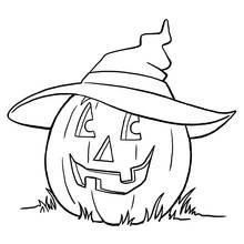 Dibujo de Calabaza con sombrero inclinado sobre hierba para colorear
