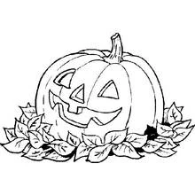 Dibujo de Calabaza sonriente rodeada de hojas de otoño para colorear Dibujo de Calabaza sonriente rodeada de hojas de otoño para colorear