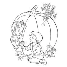 Dibujo de Dos niños junto a una gran calabaza para colorear