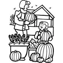 Dibujo de Calabaza cargada por una mujer y un niño en la cosecha para colorear
