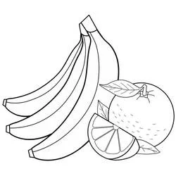 Dibujo de Plátano en racimo con una naranja y una rodaja para colorear