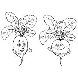 Dibujo de Dos rábanos sonrientes con sus hojas para colorear