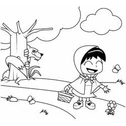 Dibujo de Caperucita Roja caminando mientras el lobo la observa detrás de un árbol para colorear