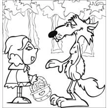 Dibujo de Caperucita Roja frente al lobo en el bosque para colorear