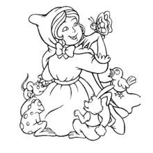 Dibujo de Caperucita Roja rodeada de animales del bosque para colorear