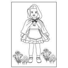Dibujo de Caperucita Roja de pie entre flores para colorear