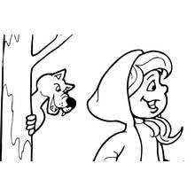 Dibujo de Caperucita Roja y el lobo escondido tras el árbol para colorear