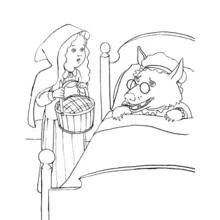 Dibujo de Caperucita Roja junto a cama con lobo disfrazado para colorear