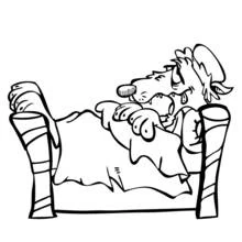 Dibujo de Caperucita Roja: el lobo disfrazado de abuela en la cama para colorear