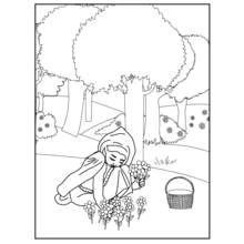 Dibujo de Caperucita Roja recogiendo flores en el bosque para colorear