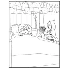 Dibujo de Caperucita Roja visitando al lobo en la cama para colorear