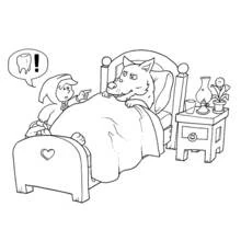 Dibujo de Caperucita Roja señalando al lobo en la cama para colorear