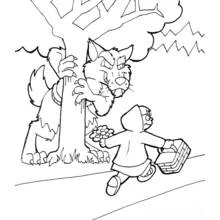 Dibujo de Caperucita Roja caminando mientras el lobo se esconde detrás de un árbol para colorear