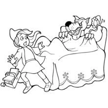Dibujo de Caperucita Roja sorprendida por el lobo en la cama para colorear