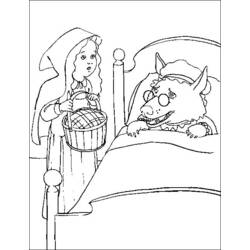 Dibujo de Caperucita Roja frente al lobo en la cama para colorear