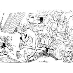 Dibujo de Obélix tirando de una carreta llena de árboles junto a Astérix para colorear