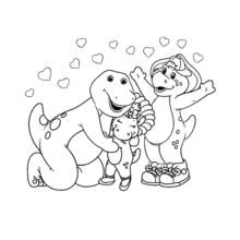 Dibujo de Barney y sus amigos rodeados de corazones para colorear