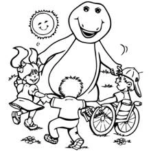 Dibujo de Barney jugando con tres niños al aire libre para colorear