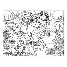 Dibujo de Bella Sara caballo caminando por un estanque para colorear