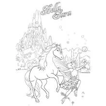 Dibujo de Bella Sara caballo y hada frente a un castillo para colorear
