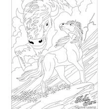 Dibujo de Bella Sara caballo frente a un bisonte espiritual gigante para colorear